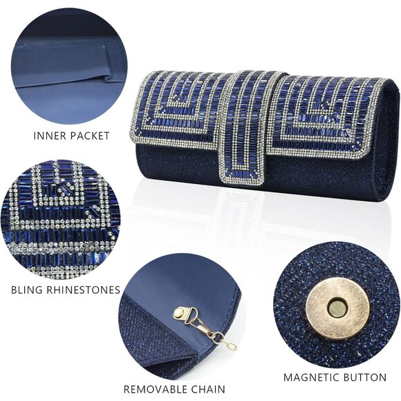 Womens Blue Crystal Sparkly Evening Clutch Purse with Rhinestones Wedding - Picture 5 of 6
